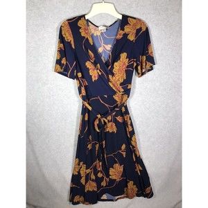 Donna Morgan Navy and Mustard Floral Wrap Dress